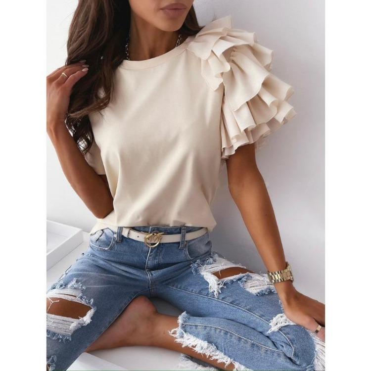 Women Casual Fashion Short Sleeve O Neck Solid Color Print Blouses Shirts for Spring Summer
