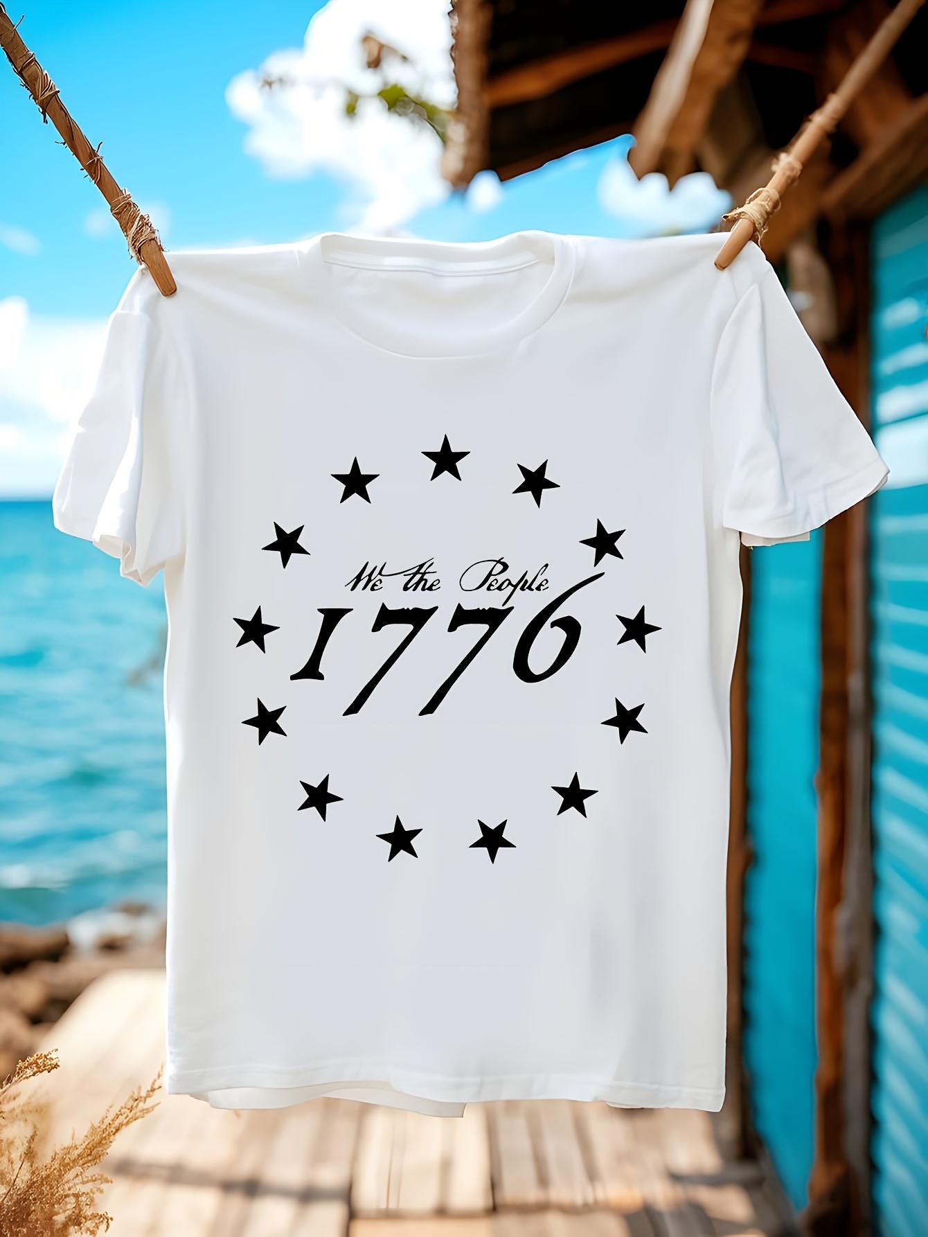 Crew Neck Tshirt - White with Bold Black 1776 Stars Print L