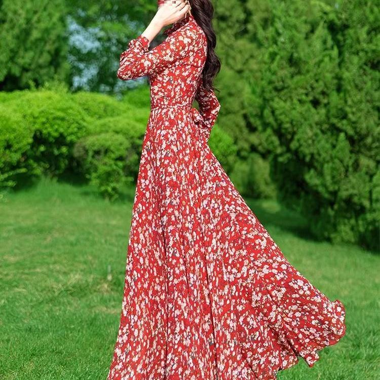 Floral Chiffon Long Sleeve Maxi Dress for Women - Spring/Autumn Slim Fit