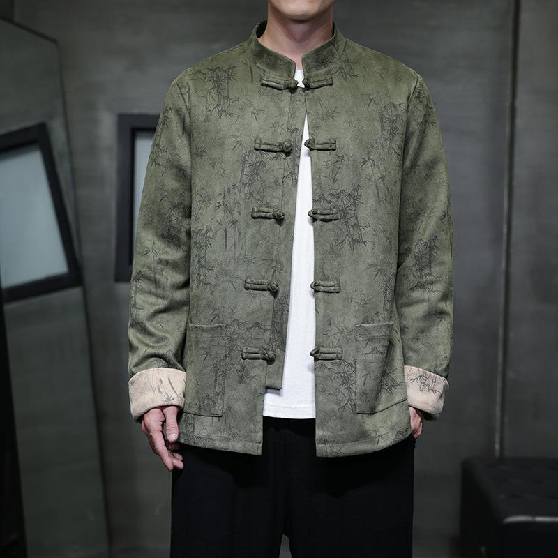 

2025 Осень и Зима Новая Мужская Бархатная Тан-костюм Ханфу в Китайском Стиле Ретро Модная Повседневная Куртка L зелёный