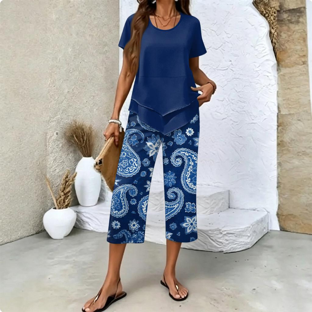 Women's Casual Short Sleeve Printed T-Shirt and Pants Set - Round Neck Summer Top with 3/4 Length Bottoms - Fashionable Outfit for Women