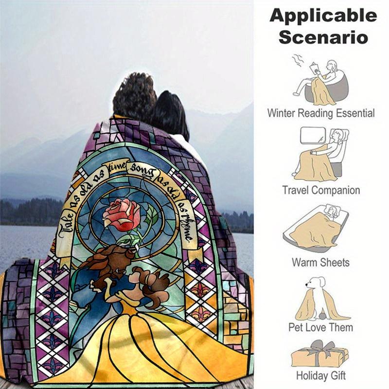 1pc. Stained Glass Beauty and the Beast Tapestry Wall Hanging, Home Decorative Throw Blanket for Living Room Bedroom Office Outdoor Gift (Rose)