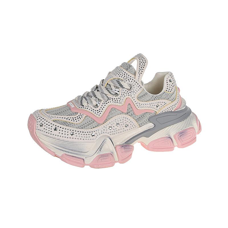 Leather Black Dad Shoes Women's Spring and Autumn New Rhinestone Muffin Platform Casual Sneakers Women