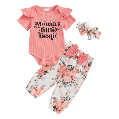 Baby Girl Summer Outfits Letter Print Short Sleeve Rompers Floral Print Long Pants Headband 3Pcs Clothes Set