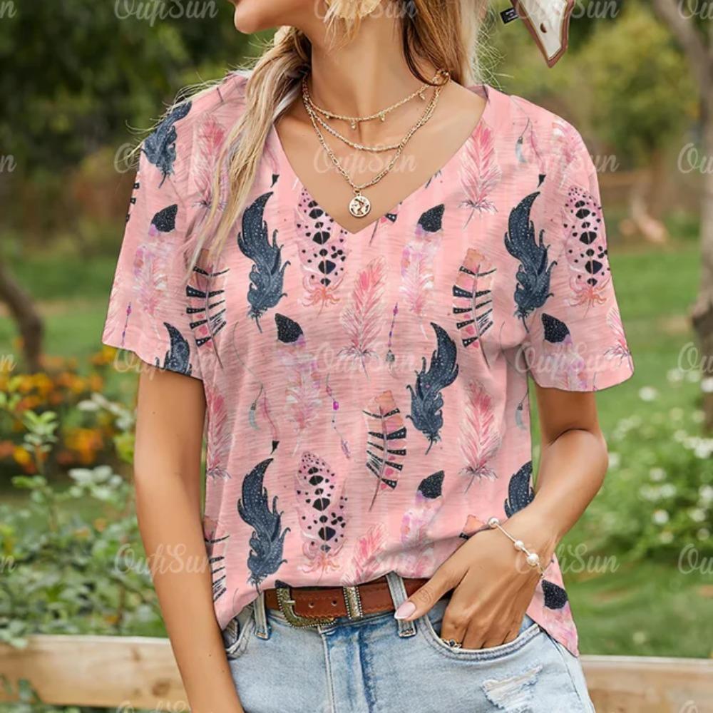 Women's T-shirt Summer V-neck Short-sleeved Top Fashion Feather Pattern 3d Printing Casual Daily Women's Clothing