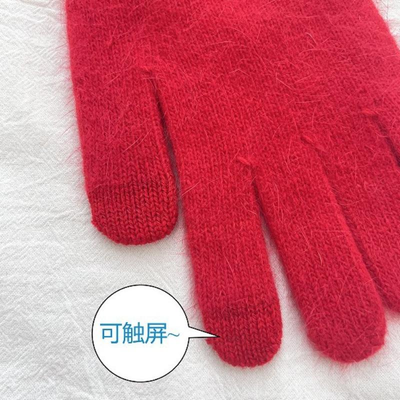 Extended rabbit fur blue knitted wool gloves for women's winter thickened warm riding