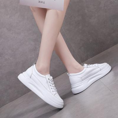 Ledersneaker Damen Reinweiß Trend Plateau Lässig Flach Schnürschuh Runde Zehenbequeme Klobige Vulkanisierte Schuhe