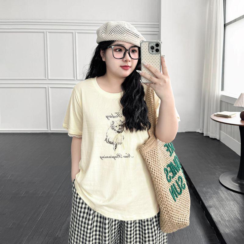 

Plus size women clothing [Korean Series Loose Feeling Set] Puppy Print Short sleeve T-shirt Lace Plaid Culottes Two-piece Set Rice apricot-T-shirt 4XL