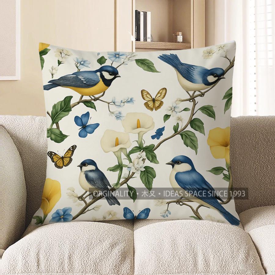 Home Decor Blue Birds & Flowers Printed Pillow Cover Pattern Cushion Cover Suitable For Sofa Bedroom Car Pillow Cover