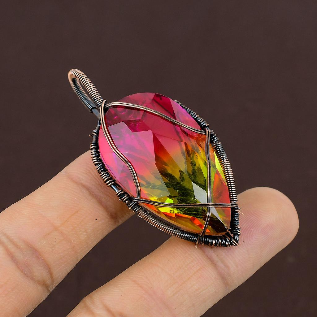 Turmalină Bicoloră Pandantiv Bijuterie Înfășurat Manual cu Sârmă de Cupru 2,4" b6O29