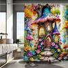 Enchanted Forest Mushroom House Shower Curtain - Whimsical Fairy Tale Design, Vibrant Flowers & Mushrooms, Reversible Polyester