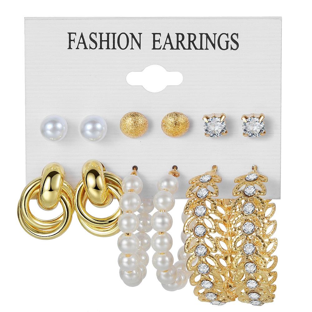 Alloy Ear Ring Square Geometric Shape Earrings Set - 6-piece Vintage Pearl Packaged Earrings Jewelry Set