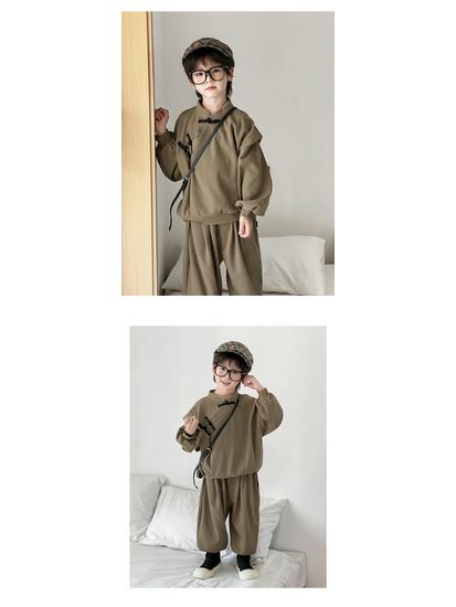 Boys' Retro Chinese Style Casual Set - Autumn 2025: Solid Color Long Sleeve Top & Pants with Frog Buttons