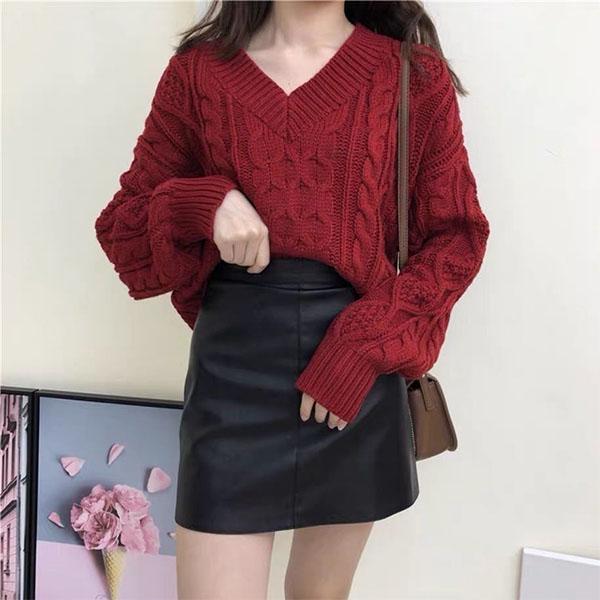 

Осень и зима Ленивый ветер Красный Твист Свободная верхняя одежда Короткий хеджирование Толстая шерсть Толстый вязаный свитер для женщин S