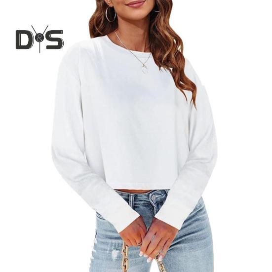 

Женские топы с круглым вырезом и длинными рукавами, однотонные свободные укороченные топы для повседневной носки S белый