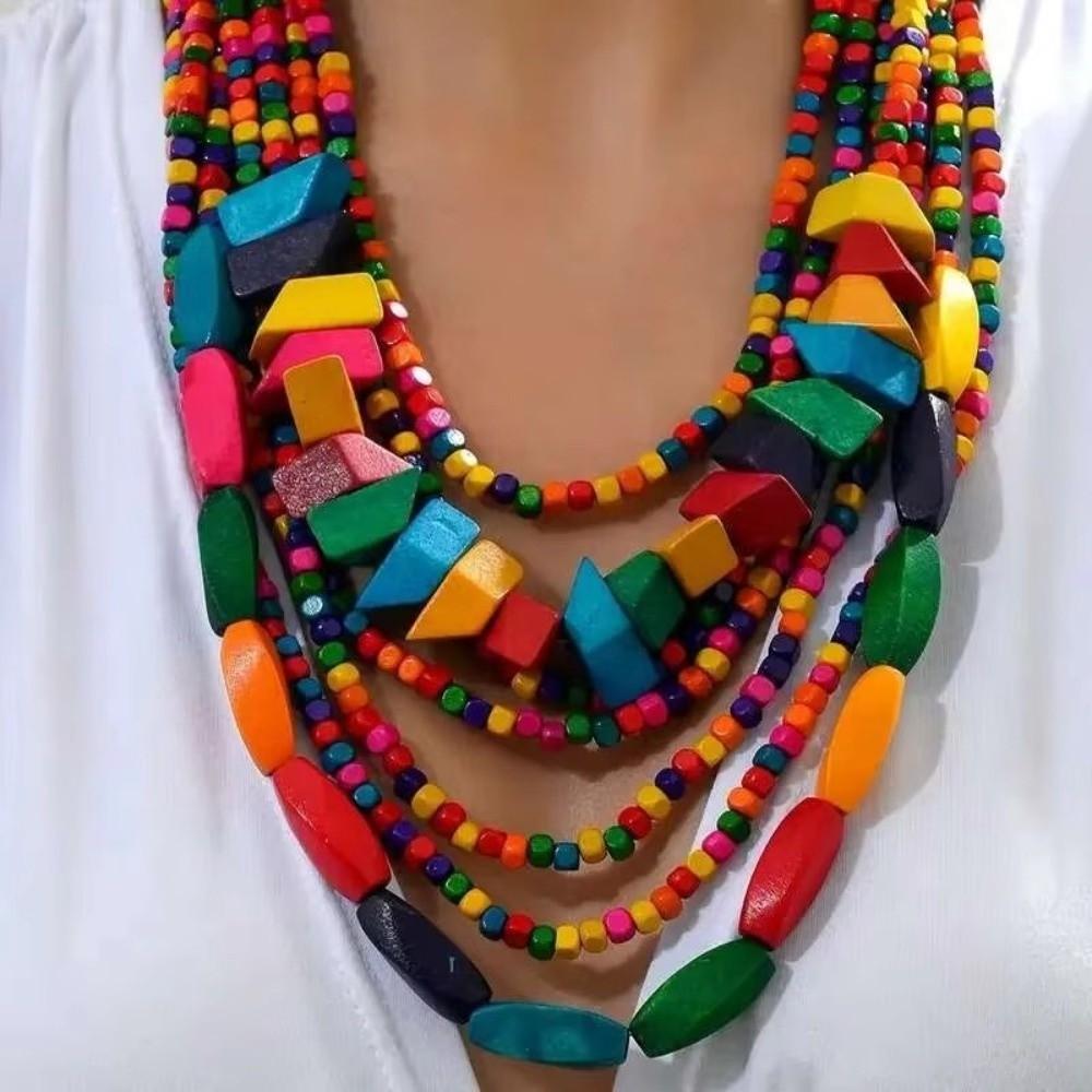 Colorful Irregular Wooden Beaded Necklace Handmade Choker Necklace Statement Necklace for Women