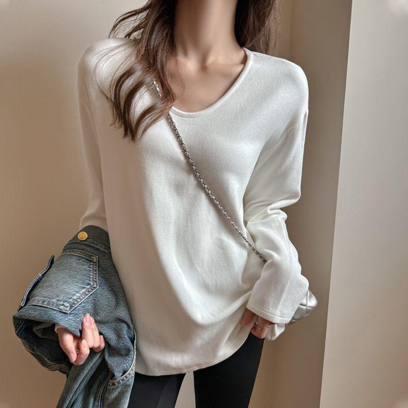 Plus Size Women's V-Neck Long-Sleeve Warm T-Shirt - Autumn/Winter Slimming Base Layer Top