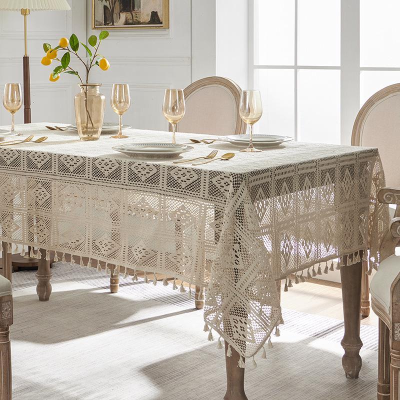 Elegant Pastoral Cotton-Linen Lace Tablecloth: Artistic, Dustproof, Non-Slip, Heat-Resistant, Hollow Design