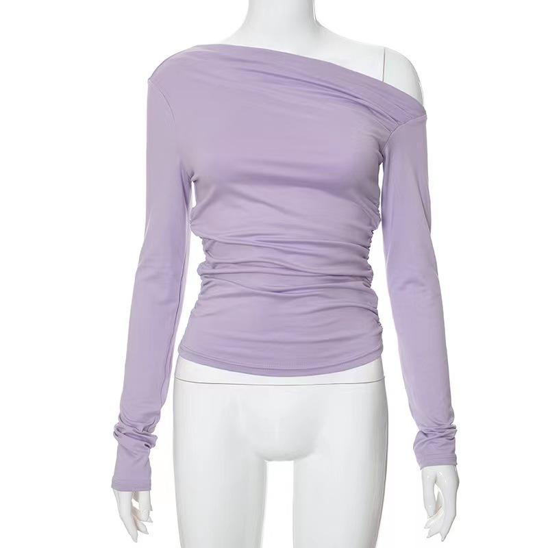 2025 Women's Asymmetrical One-Shoulder Solid Color Long Sleeve Slim Fit Cropped Top