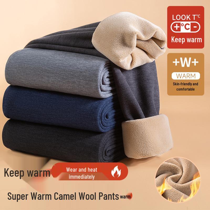 Men's Gray Thermal Camel Hair Leggings with Fleece Lining - Thick, High Elasticity, Tight-fitting, Warm Winter Cotton Pants