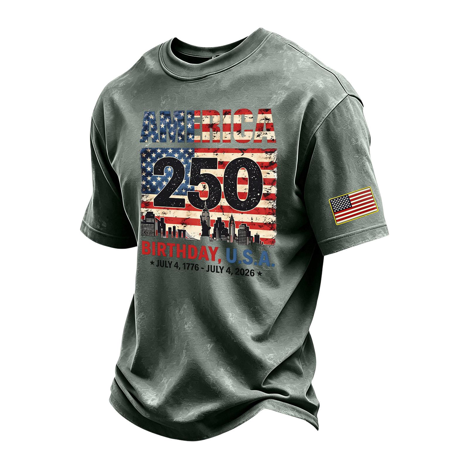 

Men s Vintage Washed Short Sleeve Crew Neck T Shirt with 250th Independence Day Graphic Print and Sleeve Flag Patch Casual Tee XXL