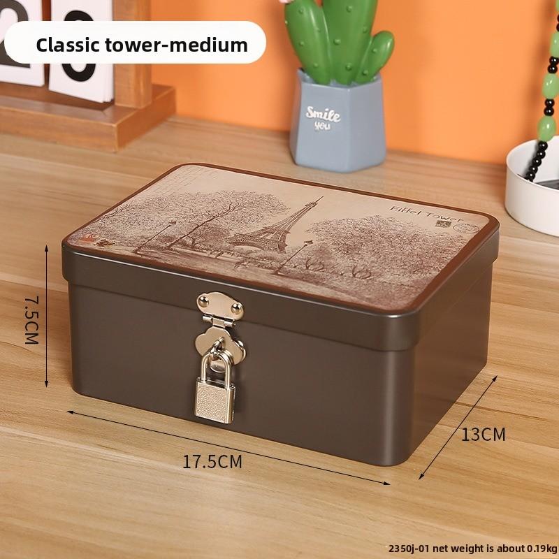 Retro Tinplate Box with Lock Key, Desktop Storage Box, Cosmetics, ID Storage, Household Jewelry Empty Box.