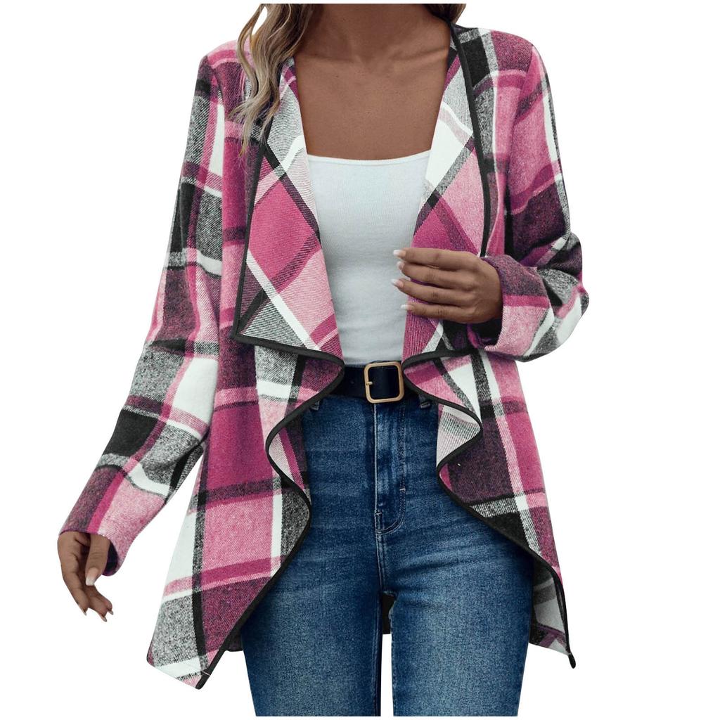 Ladies' Plaid Printed Fashionable Long Sleeved Jacket Cardigan