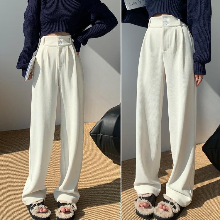 Autumn Women's Black Velvet Wide Leg Trousers for Outwear