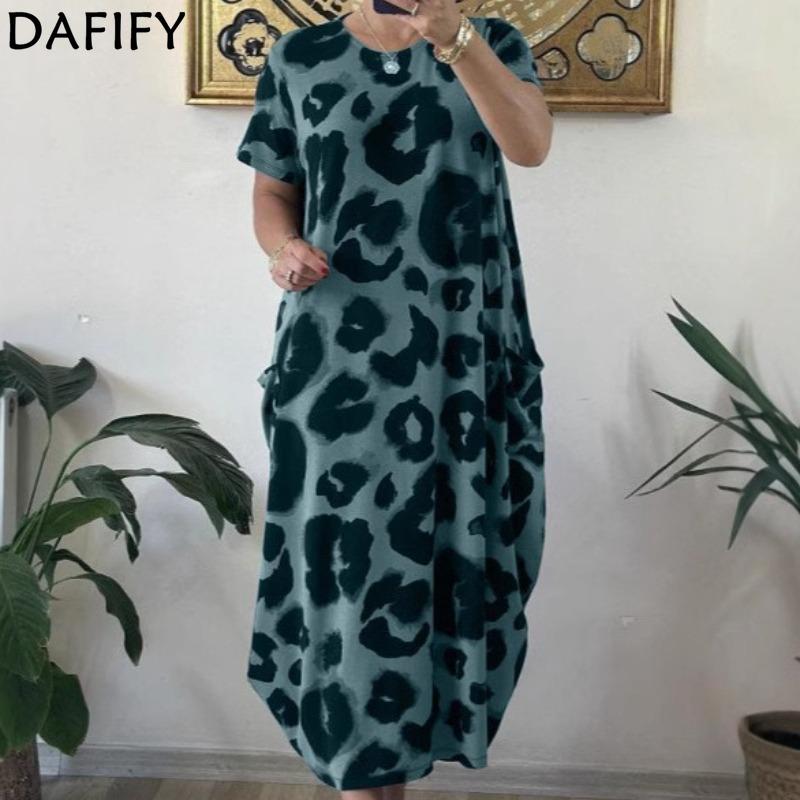DAFIFY Women's Fashion Summer Spring Leopard Print Short Sleeve O-Neck Loose Waistline Casual Dresses