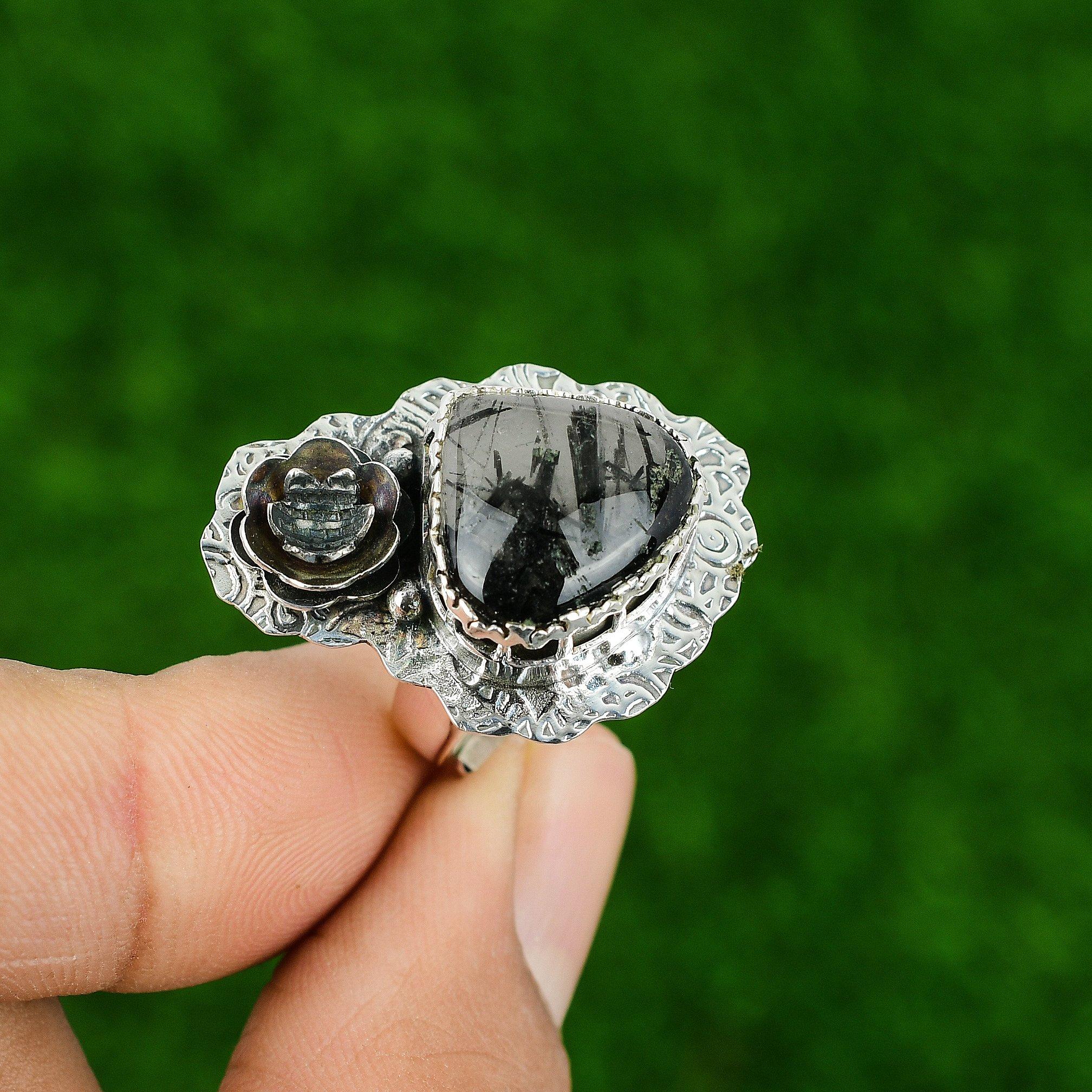 

Black Rutile Stone 925 Sterling Silver Birthday Flower Statement Ring Jewelry Adjustable
