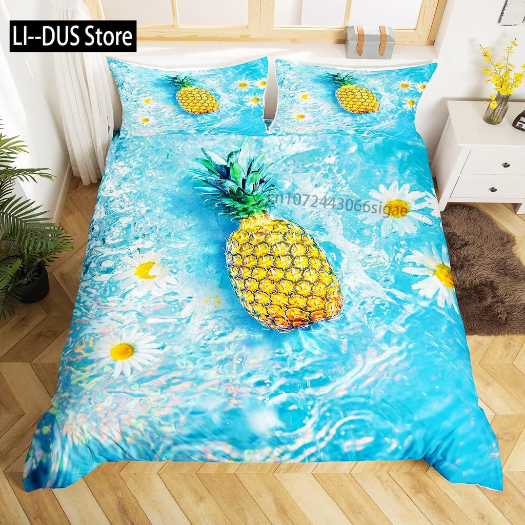 Pineapple Duvet Cover Set Tropical Theme Vintage Style Fruit Pattern Decor 3 Piece Bedding Set with 2 Pillow Shams Full Size
