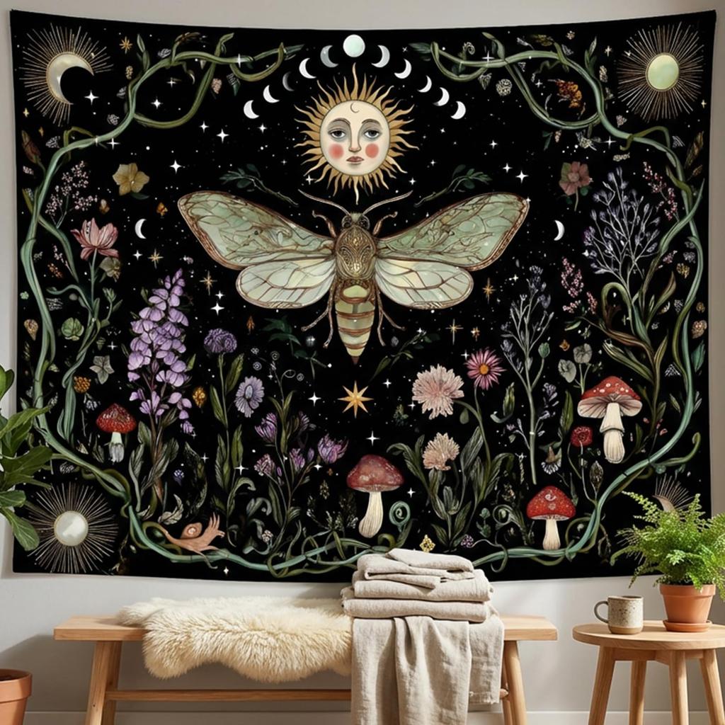 Mystic Celestial Moth Tapestry, Sun Moon Phase Floral Mushroom Print Large Wall Hanging for Bedroom Living Room Aesthetic Decor