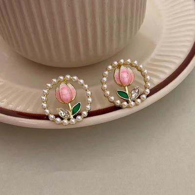 Romantische Perle Blume Stud Ohrringe Für Frauen Koreanische Emaille Süße Tulpe Blumen Exquisite Ohrringe Party Charme Schmuck