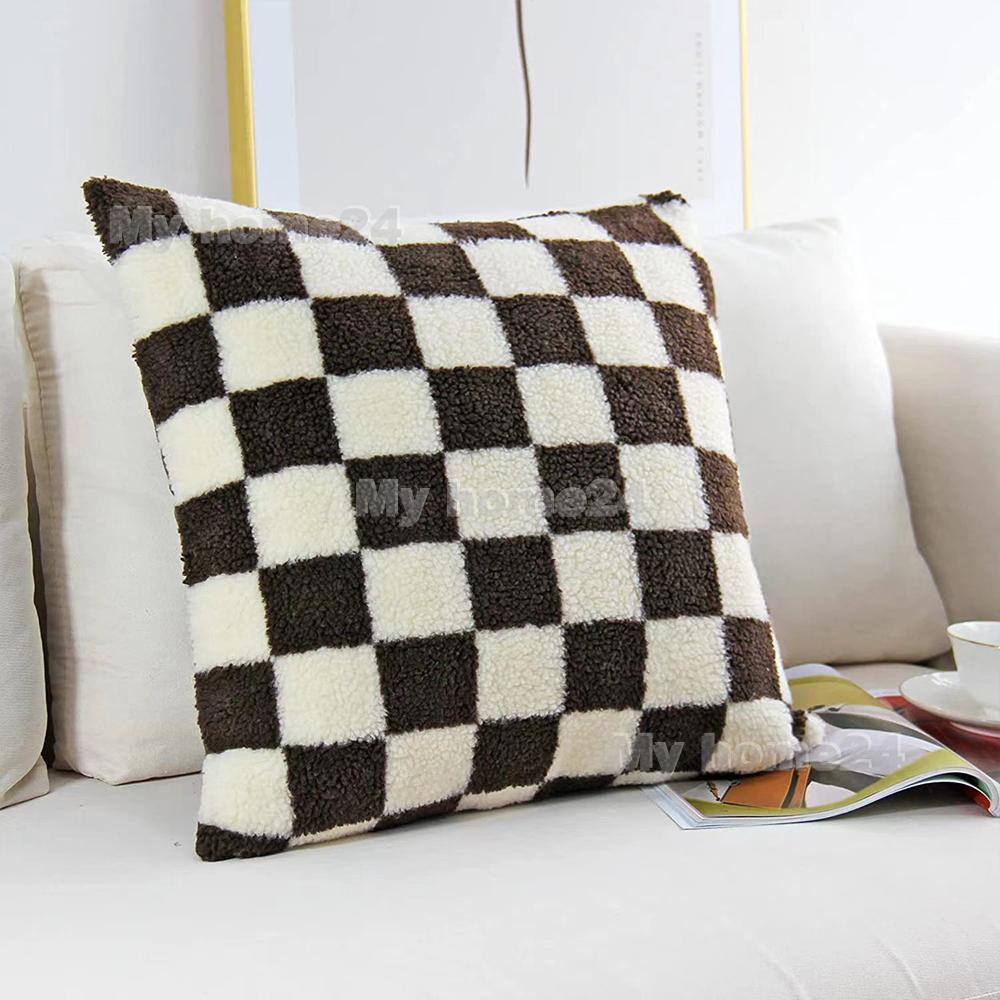 1 pièce 45*45cm 50*50cm Housse de Coussin Peluche à Carreaux Tissée Housse de Coussin Jeté pour Voiture Canapé Housse de Coussin en Velours Court Coussin