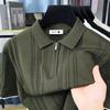 Maglia a polo da donna in maglia beige con dettaglio traforato e colletto con zip - Top casual
