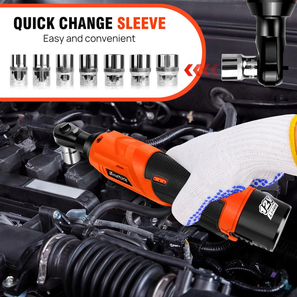 EMDTOOL Electric Cordless Right Ratchet 3/8'' 90° Angle Wrench 200N.m Torque with LED Work Light +7pcs Sockets Set,2 Batteries