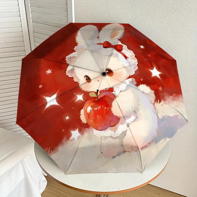 Adorable Bunny with Apple Print Umbrella - Auto Open/Closed, Outdoor Protection, Lightweight & Durable Travel Accessory 132