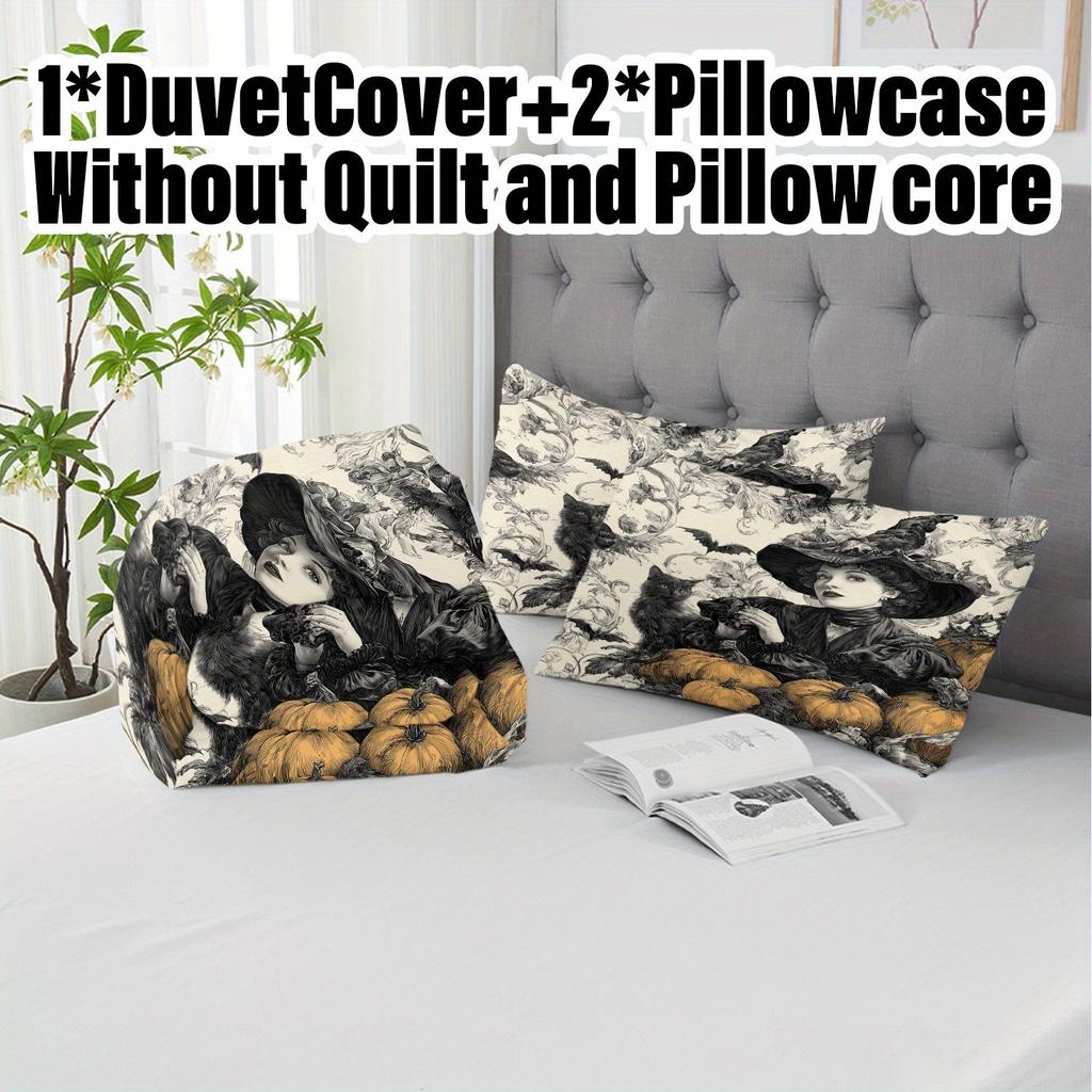 3pcs Halloween Pumpkin Monster Duvet Cover Set without Core Quilt Cover with 2 PillowcasesSoft and Machine Washable Duvet Cover