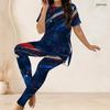 Women Plus Size Red Blue White Printed Two Piece Set Round Neck Short Sleeve Long Top Fitted Long Pants