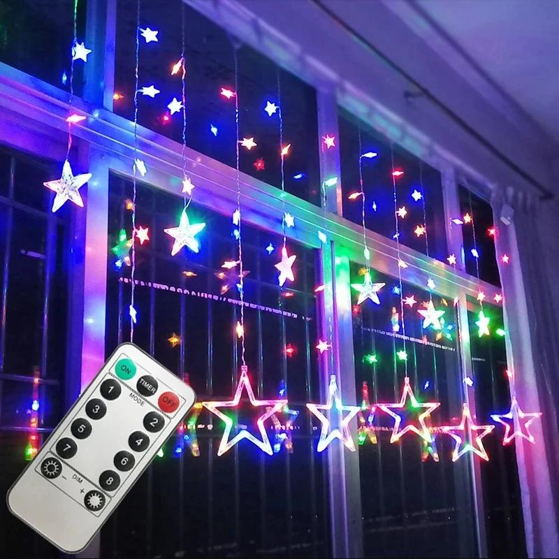 LED Pentagram Curtain Light Indoor Room Decorative Light Wedding Birthday Remote Control Curtain Lamp String with Tail