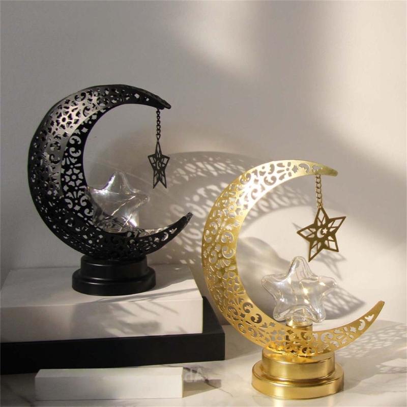 LED Hollowed Moon Star Nightlight Table Lamp Ornament for Eid Mubarak Ramadans Muslims Festivals Party Decoration Gift