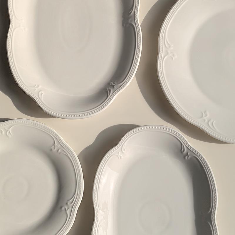Attitude Life French Light Luxury Pure White Embossed Ceramic Dinnerware Set - Dessert & Western Food Plates.