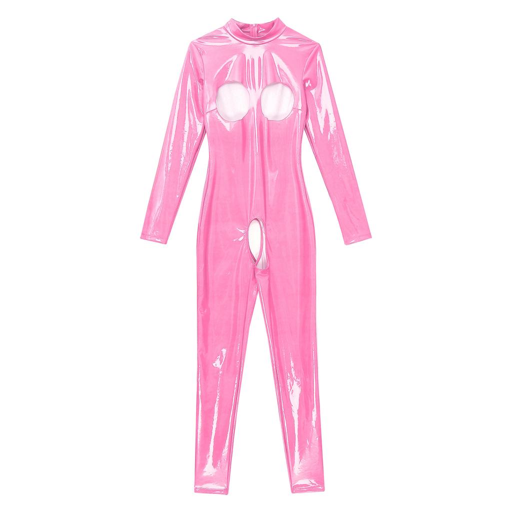 Damski seksowny metaliczny, lateksowy kombinezon trykotowy z wycięciem z długim rękawem, bielizną, obcisły kombinezon