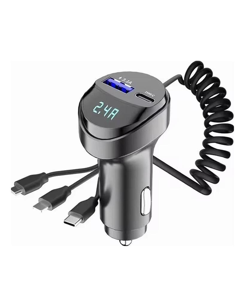 3in1 Car Bluetooth 5.0 FM Transmitter Audio MP3 Player 55W Fast Charging Car Charger with Retractable Cable Voltmeter 3.1A USB Type C Phone Charger