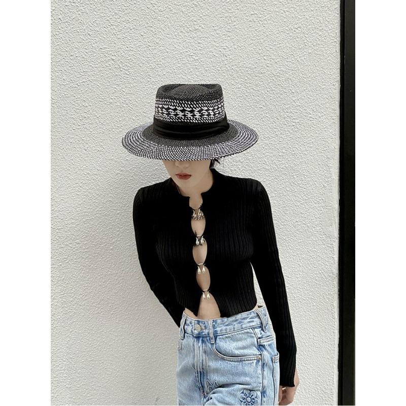 European and American style hand-woven mixed color hollow concave flat top hat women's retro versatile summer travel sun hat