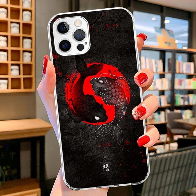 Japan Koi Fish Yin Yang Art Cover Phone Case For iPhone 16 17 Air 15 14 Pro Max 16E Phone Case 13 Mini 12 11 7 SE 8 Print Patter