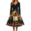 Women Casual Vintage V Neck Dress Halloween Printed Long Sleeve Fit Flare Midi Dress with Waist Tie for Seasonal Wear
