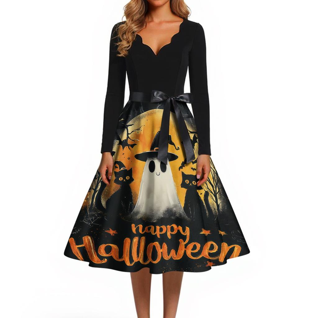 Women Casual Vintage V Neck Dress Halloween Printed Long Sleeve Fit Flare Midi Dress with Waist Tie for Seasonal Wear