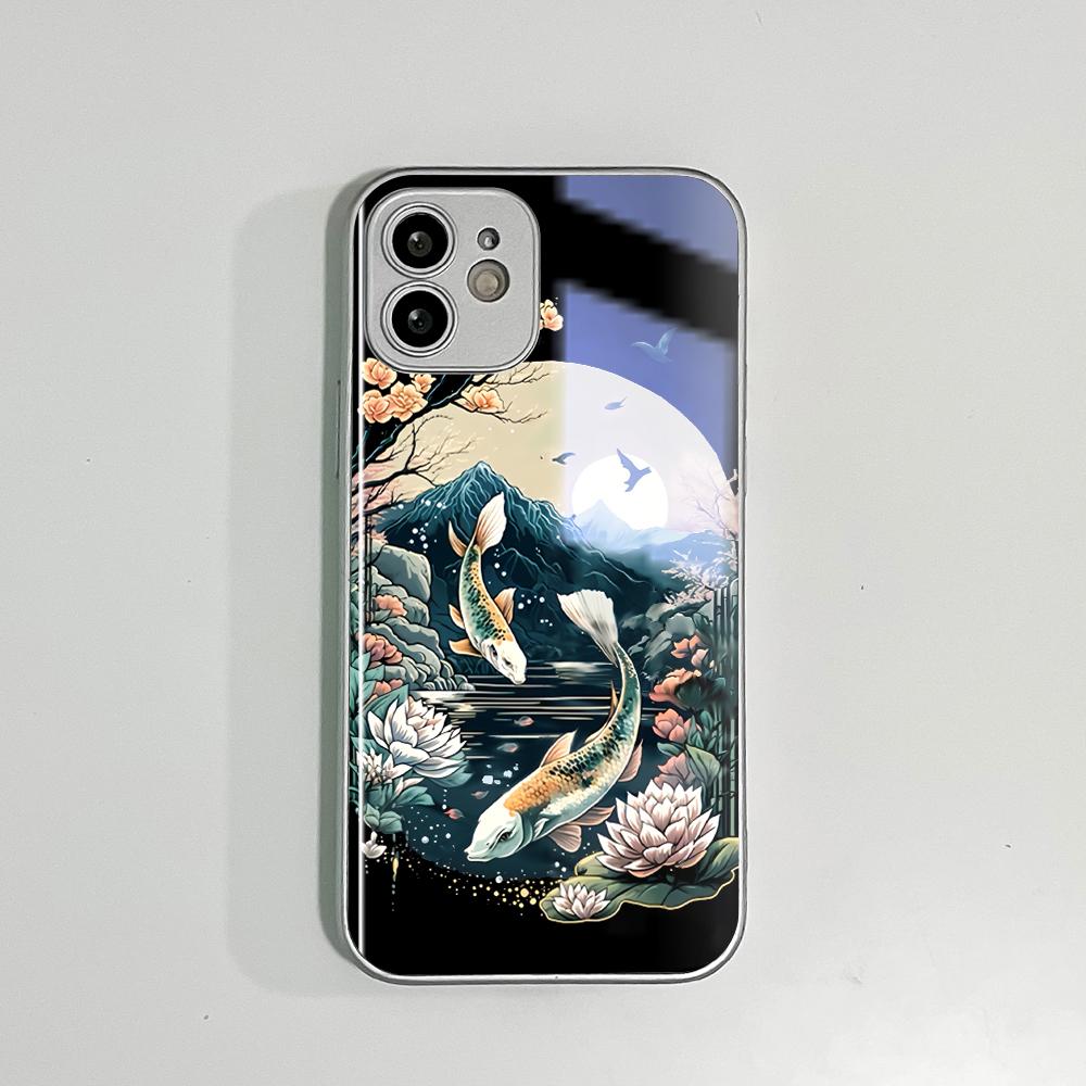 LotusFlower Goldfish Phone Case Metallic Lacquer Tempered Glass Shockproof Cover for Huawei Honor iPhone OPPO Realme OnePlus Xiaomi Redmi Samsung Vivo