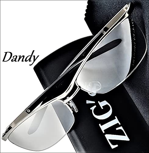 Mens Sunglasses Suitable Year-round Use Both Day Night. Comes Stylish Case. Matte Silver Frame Light Color Brown Half-mirror Clear UV400.